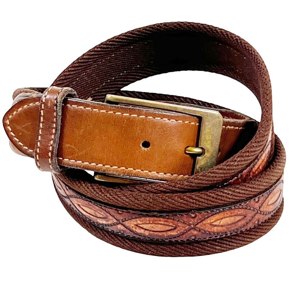 Webbed Canvas w Geometric Leather Inset Belt Sz 38 Brown Tan 1001999 Made USA